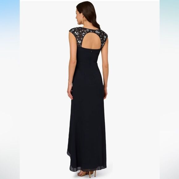 NWT Adrianna Papell | Dark Navy / Black Chiffon Long Maxi Sequin Wrap Dress 4 - Picture 5 of 16